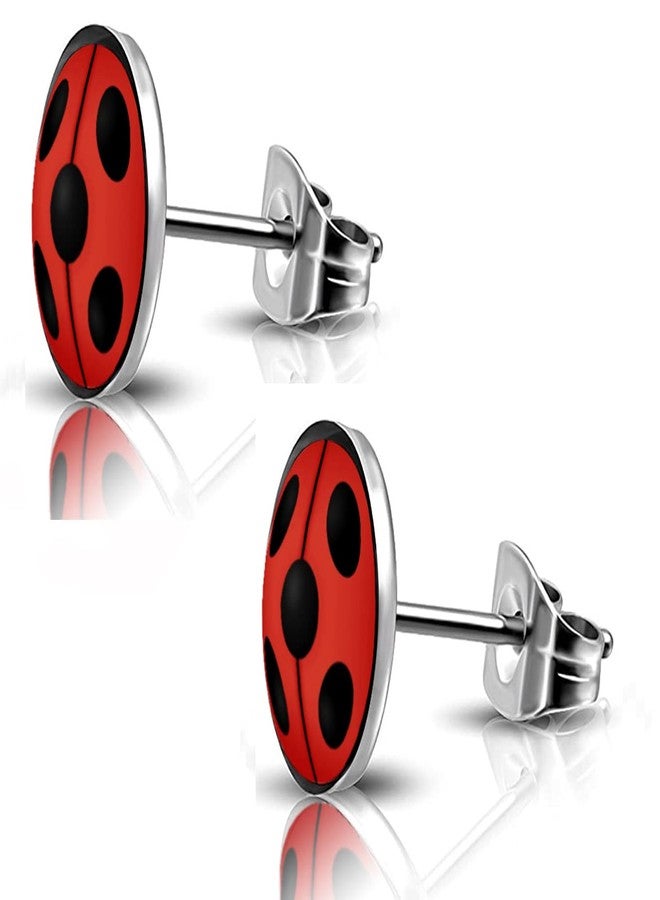 SIISPRI 316L Surgical Stainless Steel Ladybug Earring Round Circle Button Stud Post Earrings 10MM (silver) - Image 1